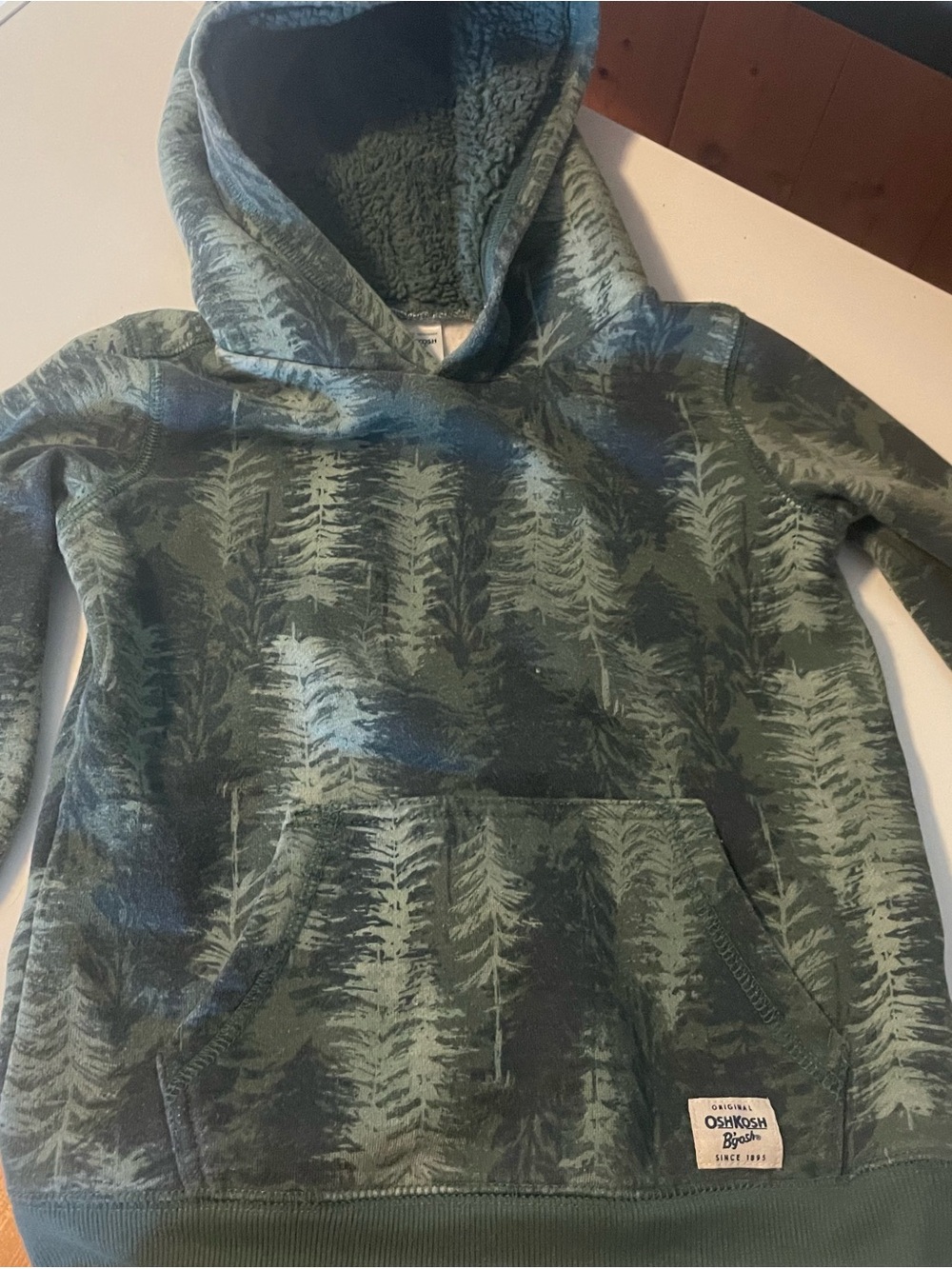 OshKosh B'gosh Green Tree-Print Sherpa-Lined Crewneck Hoodie